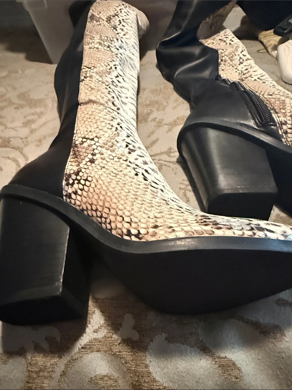 Steve Madden Black and Beige Snake-Print Over-the-Knee Boots